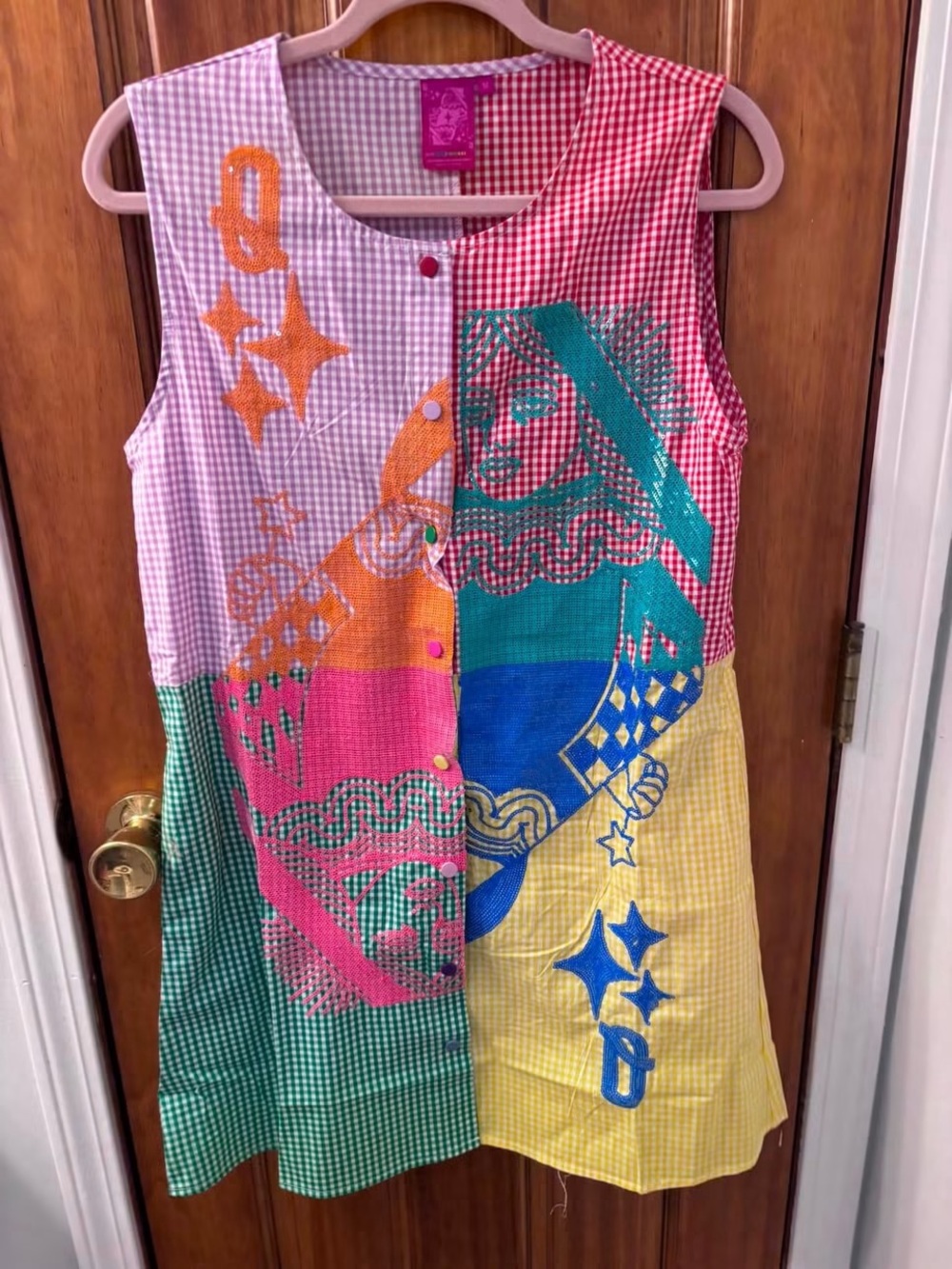 QUEEN OF SPARKLES Multi-color gingham card Patchwork Button-Up Tank Dress
